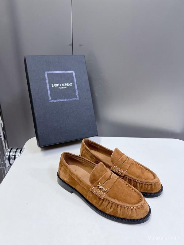 2025 Women Yves Saint Laurent Brown Suede Loafers KFY00350