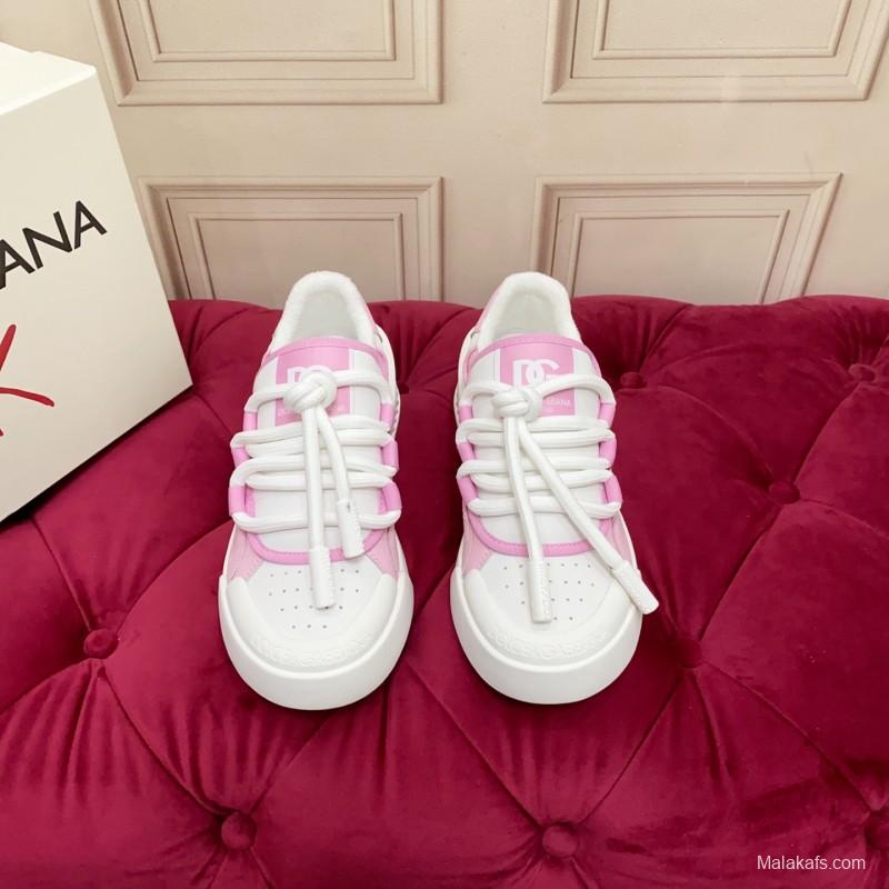 2025 Women Dolce & Gabbana White Pink Leather Mesh Sneakers