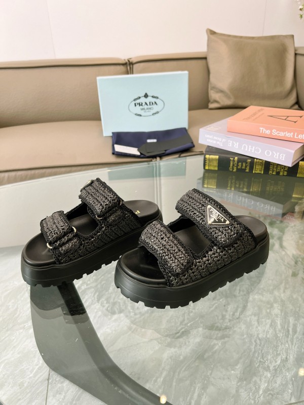 2025 Prada Black Woven Leather Slippers LY00290