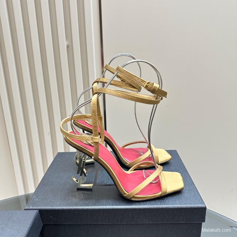 2025 Women Yves Saint Laurent Light Brown Satin High Heel Sandals