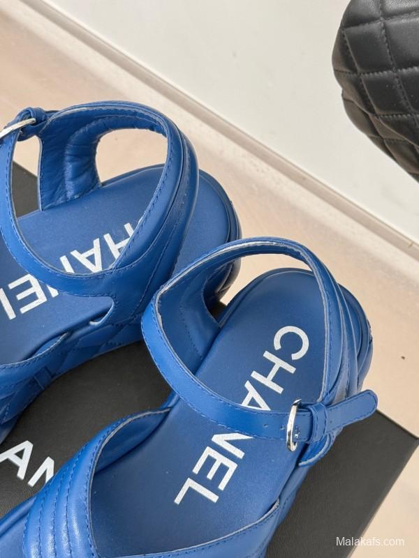 2025 Women Chanel Blue Leather Platform Sandals