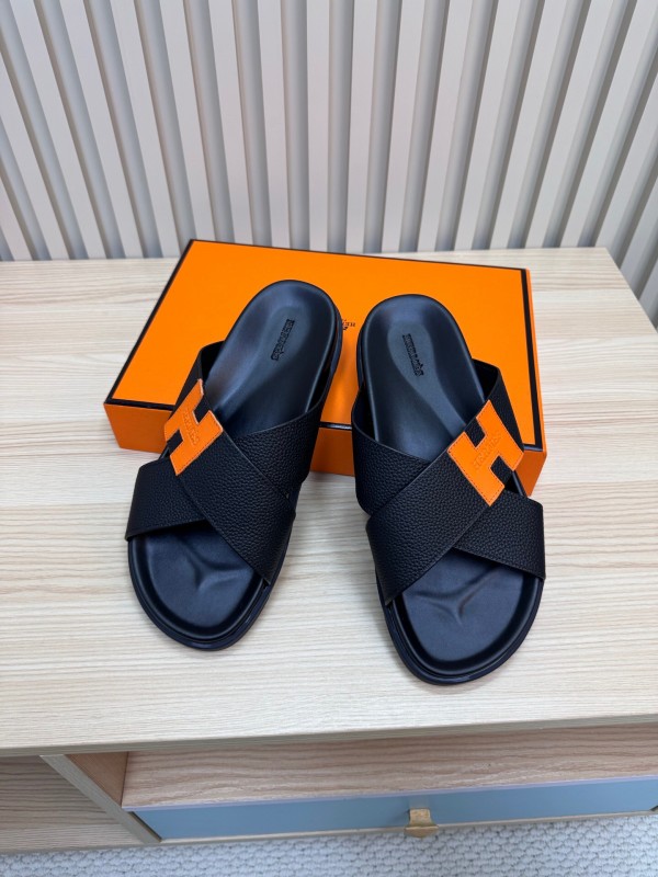2025 Slippers Hermès Black Orange Leather Slippers