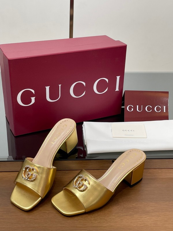 2025 Women Gucci Gold Leather Mules Block Heel