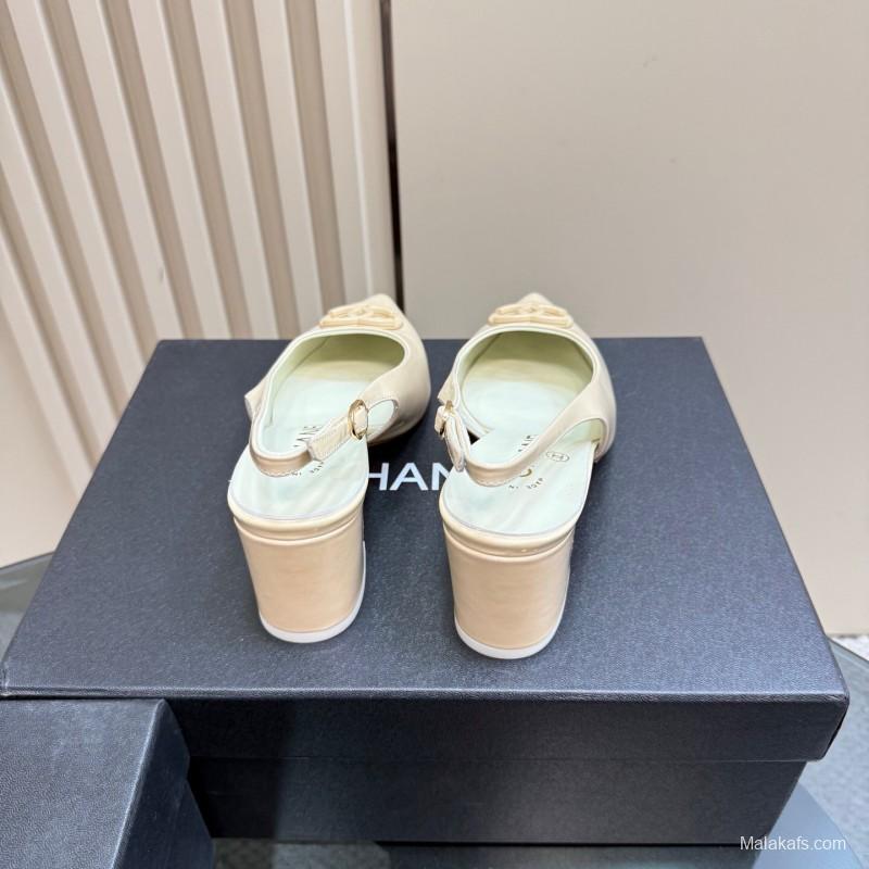 2025 Women Chanel Beige Patent Leather Slingback Heels