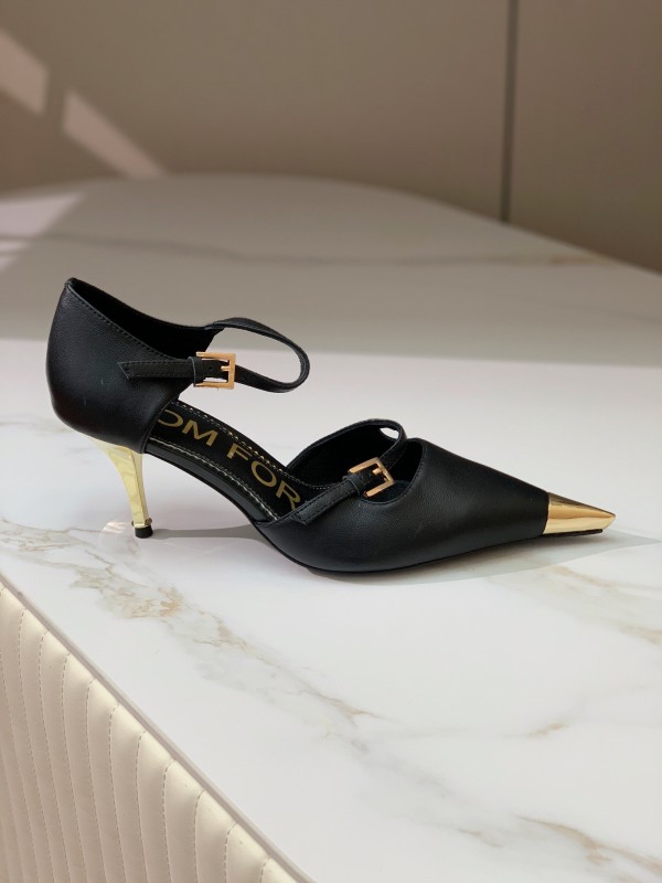 2025 Women TOM FORD Black Gold Leather Heels Metal Toe KFY00320
