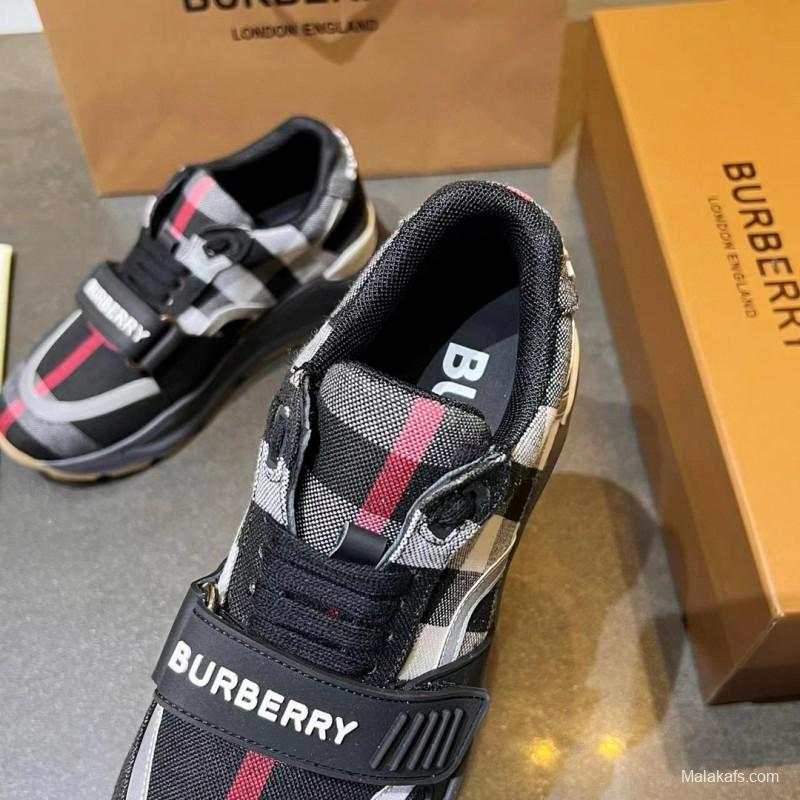 2025 Unisex Burberry Black White Suede Leather Mesh Sneakers Vintage Pattern MJ00360
