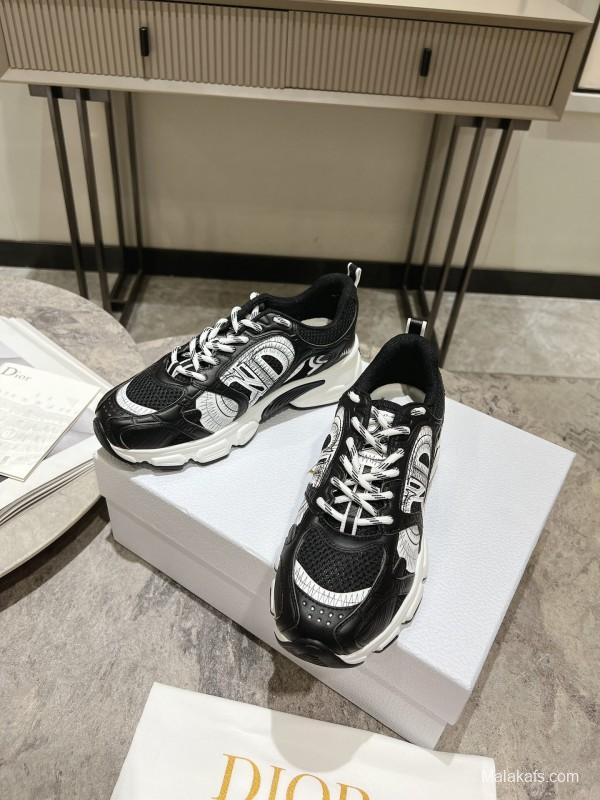 2025 Women Dior Black Leather Mesh Sneakers