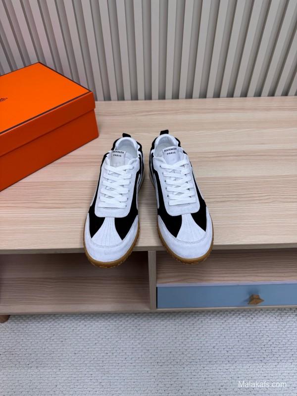 2025 Unisex Hermès White Black Suede Goat Leather Sneakers Top Version LY00310