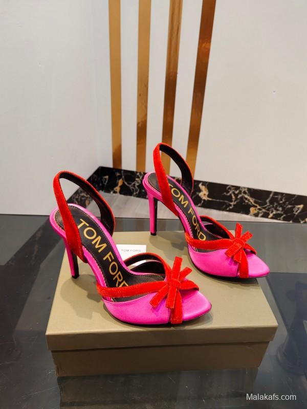 2025 Women TOM FORD Pink Red Velvet Silk High Heel Open Back Sandals