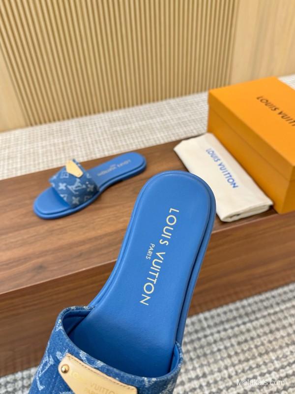 2025 Women Louis Vuitton Blue Denim Leather Slippers LY00200