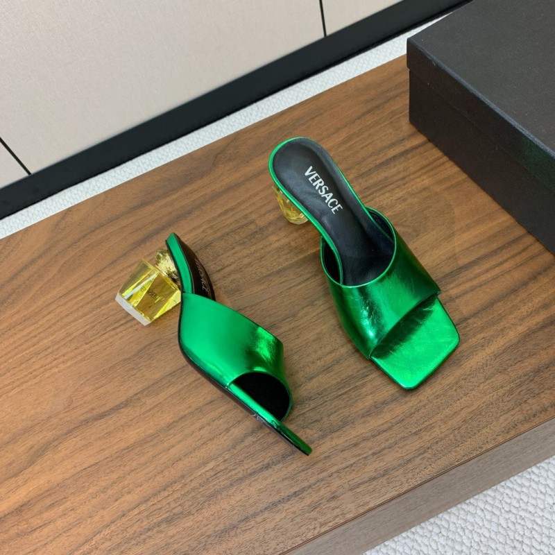 2025 Women VERSACE Green Leather Slippers