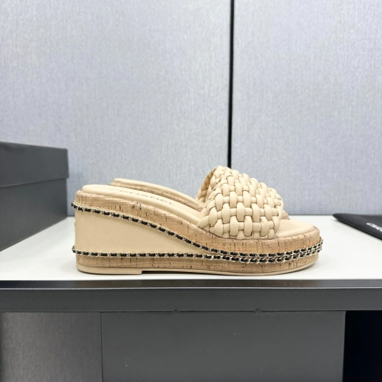 2025 Women Chanel Beige Leather Wedge Sandals