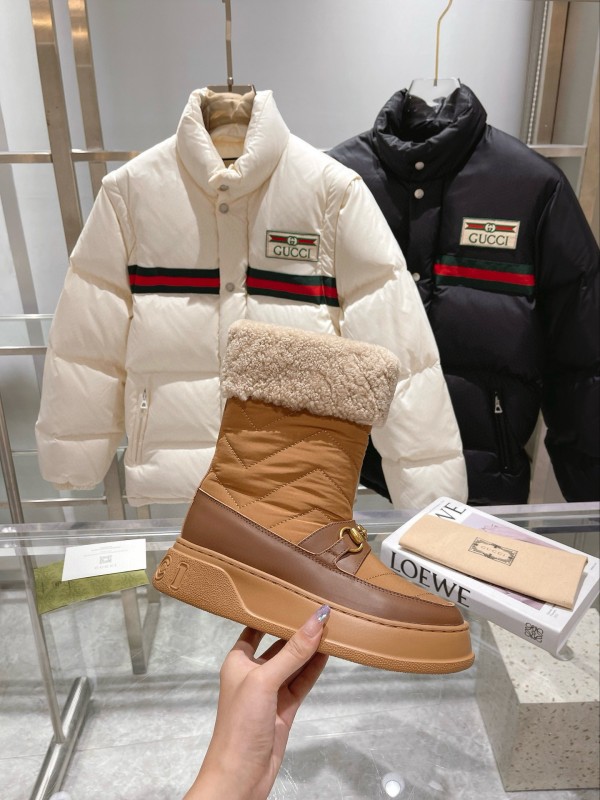 2024 Women Gucci Brown Tan Leather Shearling Lined Snow Boots MJ00420