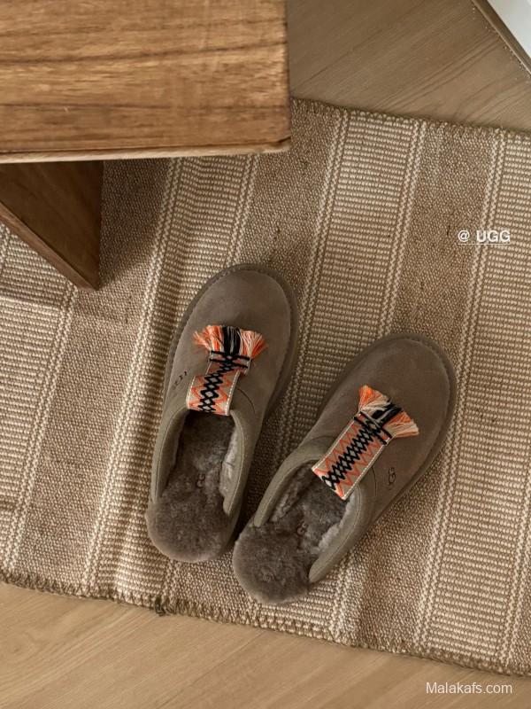 2024 UGG Grey Suede Slippers Woven Tassel MJ00230