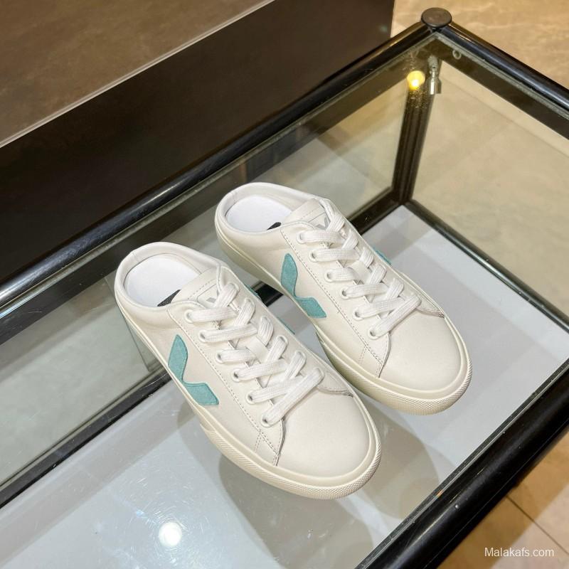 2025 VEJA White Blue Leather Canvas Slip-On Sneakers