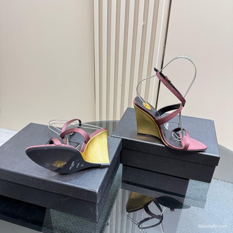 2025 Women Yves Saint Laurent Burgundy Suede Wedge Sandals Elegant Strappy Design KFY00290 (F)