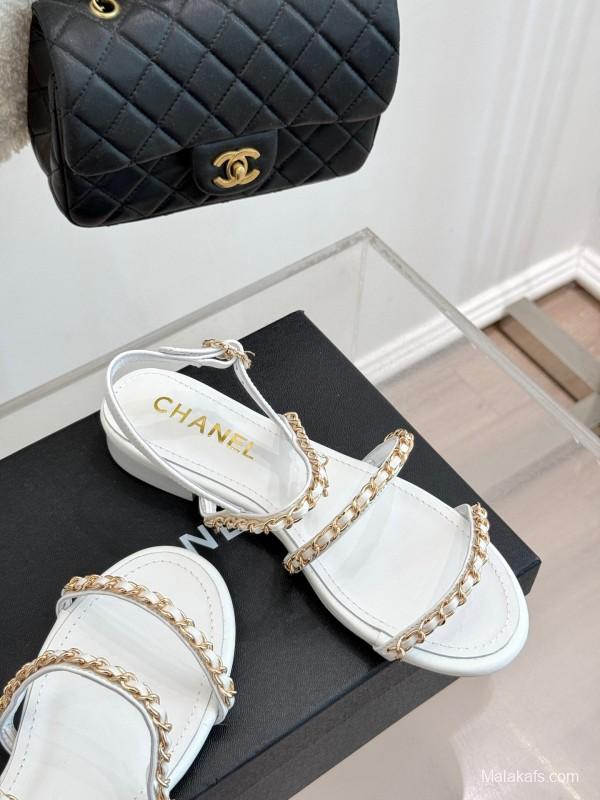 2025 Women Chanel White Leather Chain Strap Sandals