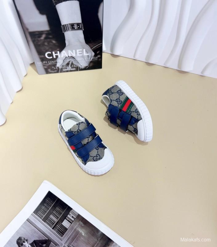 2024 Kids Gucci Brown Navy Canvas Leather Kids Shoes