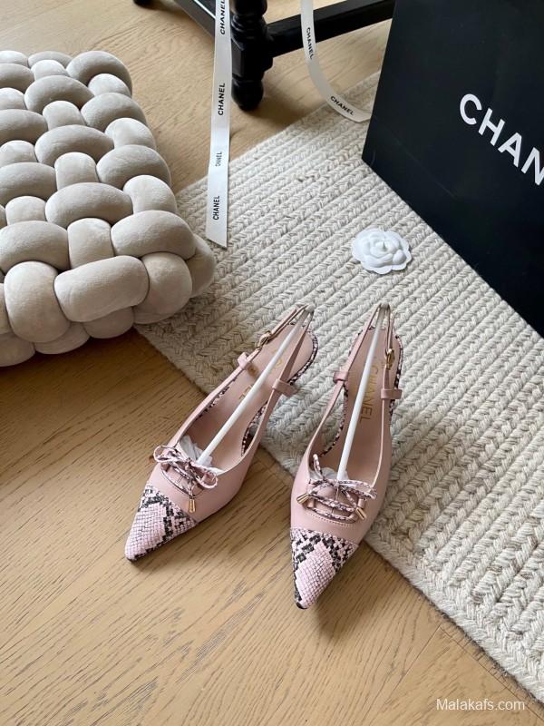2025 Women Chanel Pink Python Leather Bow High Heels KFY00320