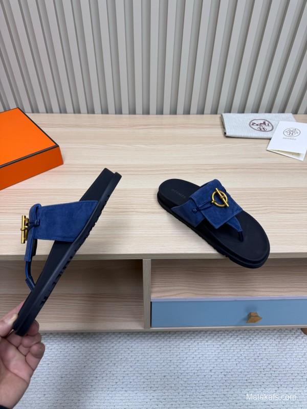 2025 Slippers Hermès Blue Leather Slippers
