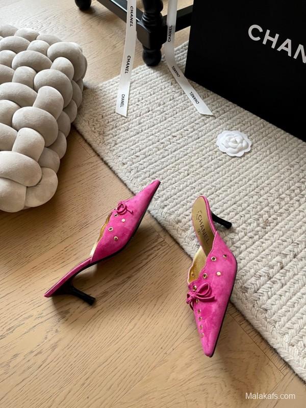2025 Women Chanel Pink Suede Slip-on Mules KFY00290