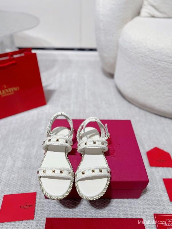 2025 Women Valentino White Leather Sandals Studded LY00250