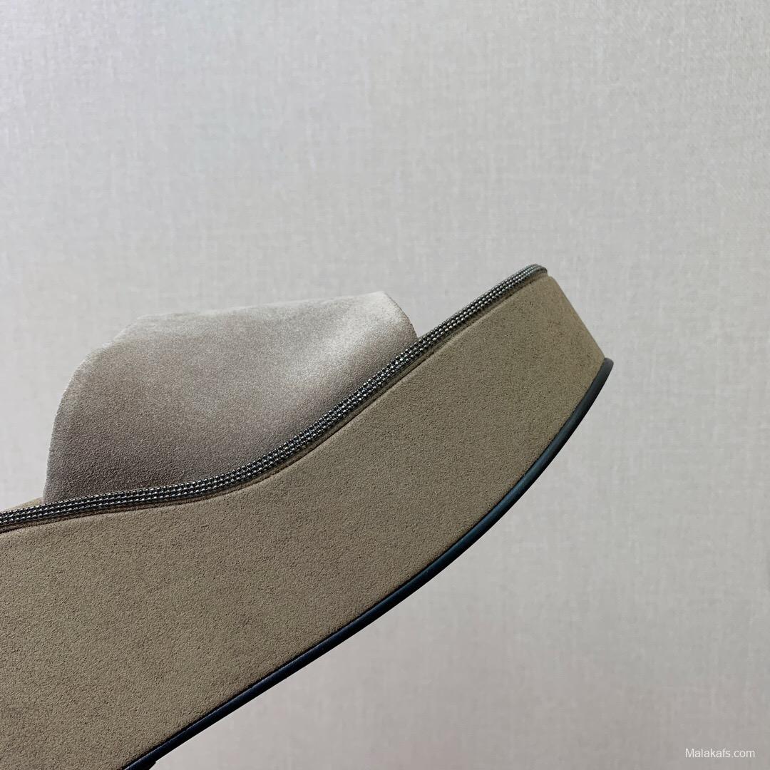 2025 Women BRUNELLO CUCINELLI Beige Suede Platform Slide Sandals Casual Handmade KFY00275 (F)