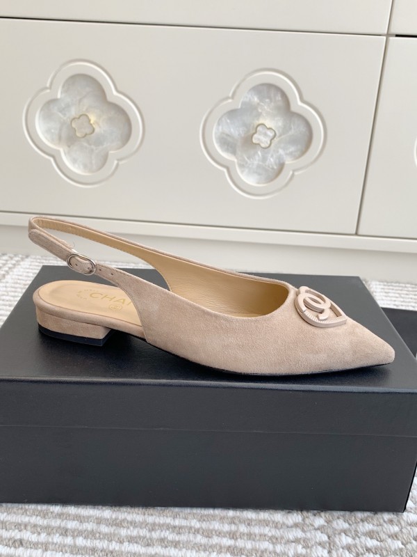 2025 Women Chanel Beige Suede Slingback Heart Logo KFY00300