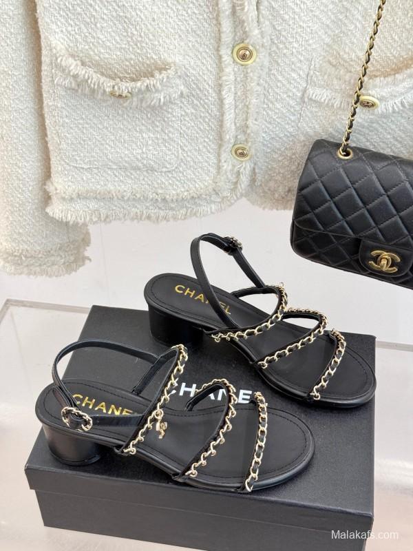 2025 Women Chanel Black Leather Sandals Chain KFY00270
