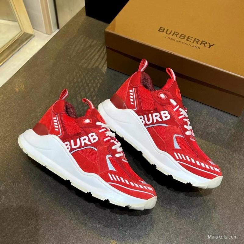 2025 Unisex Burberry Red Suede Leather Mesh Platform Sneakers MJ00380