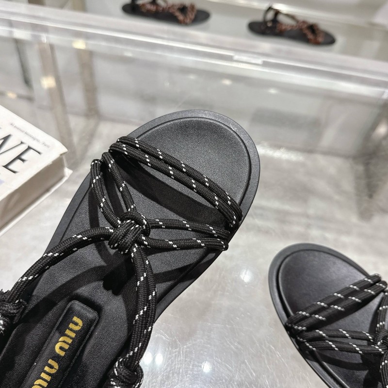 2025 Women Miu Miu Black Leather Rope Sandals
