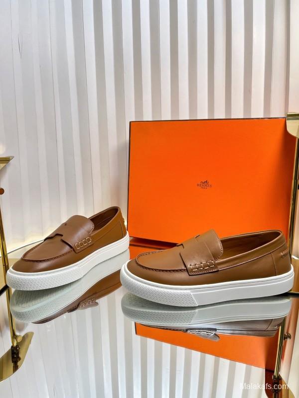 2025 Unisex Hermès Brown Leather Fabric Loafers Slip-On LY00310(F)/LY00320(M)