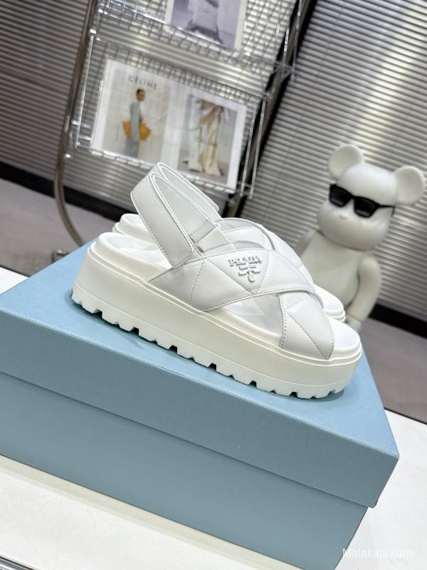 2025 Women Prada White Leather Sandals KFY00280