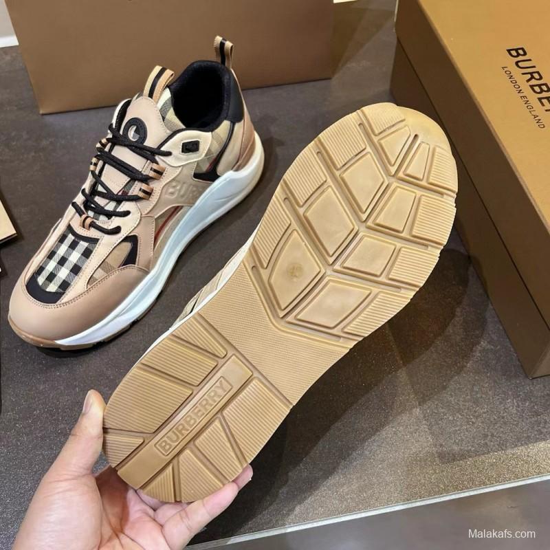 2025 Unisex Burberry Beige Black Suede Leather Cotton Sneakers Vintage Check MJ00380