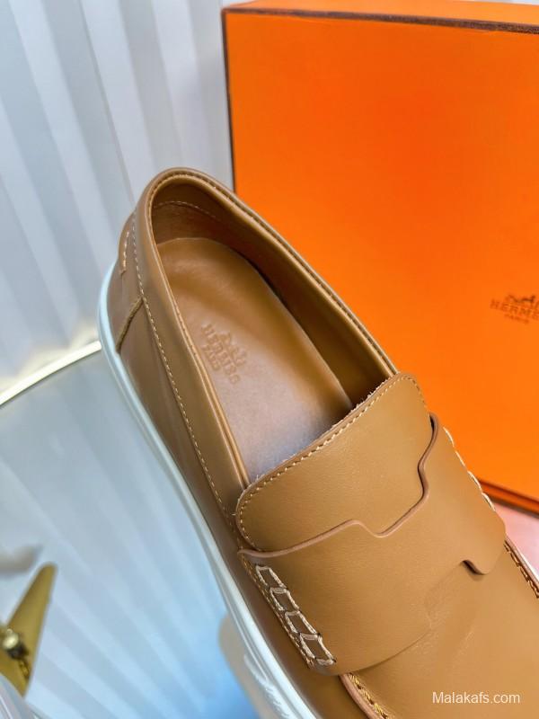 2025 Unisex Hermès Brown Leather Fabric Loafers Slip-On LY00310(F)/LY00320(M)