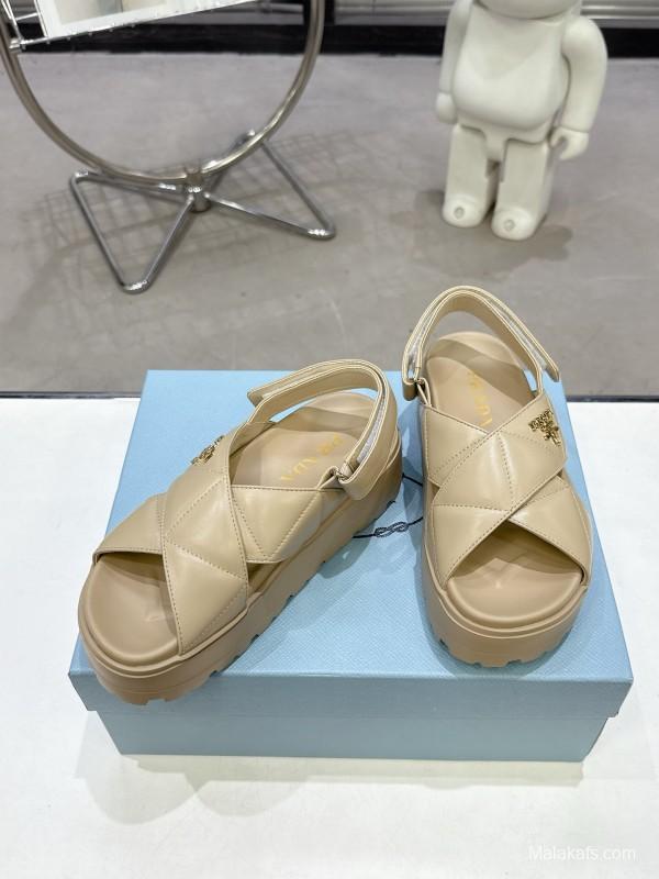 2025 Women Prada Beige Calfskin Sandals KFY00280