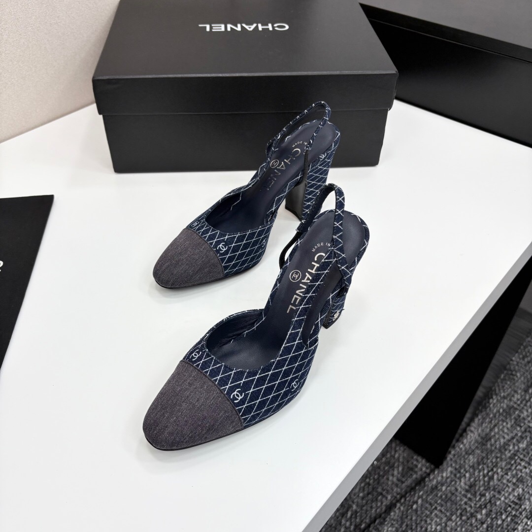 2025 Women Chanel Blue Denim Fabric Slingback Shoes