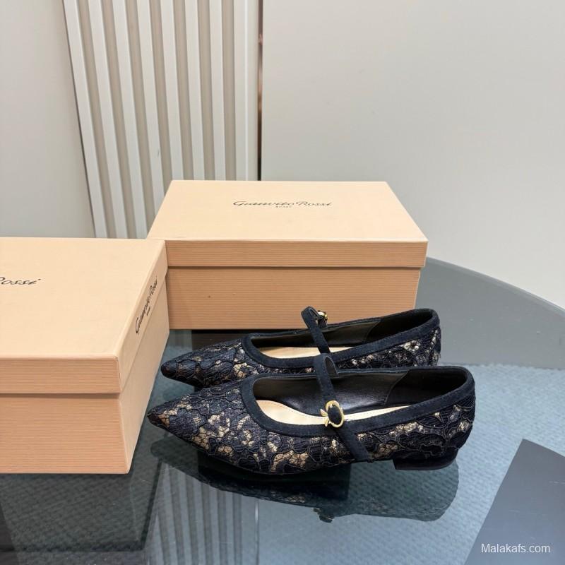 2025 Women Gianvito Rossi Black Lace Leather Mary Jane KFY00260