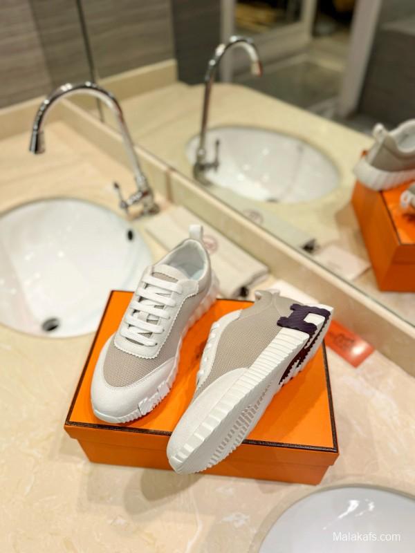 2024 Women Hermès White Beige Mesh Leather Sneakers MJ00320