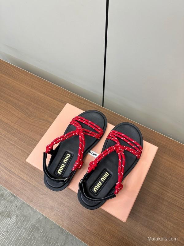 2025 Women Miu Miu Red Rope Leather Sandals LY