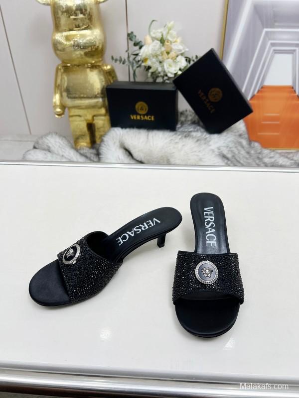 2025 Women VERSACE Black Silk Rhinestone Square Toe Sandals MJ00230