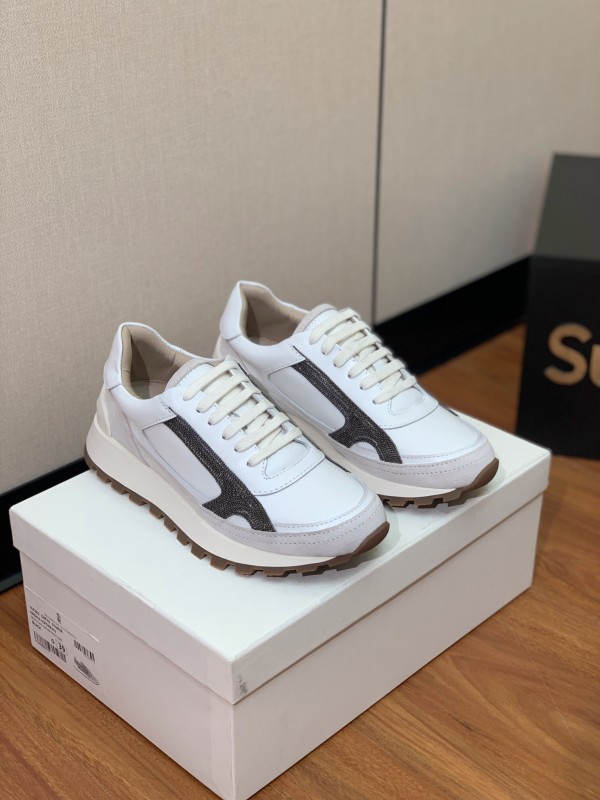 2025 Unisex Brunello Cucinelli White Grey Leather Suede Sneakers LY