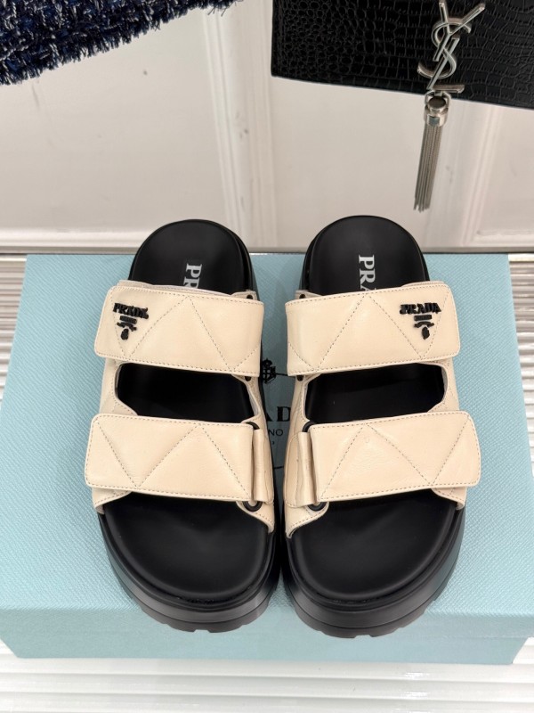2025 Slippers Prada Beige Leather Magic Tape Platform Thick Sole