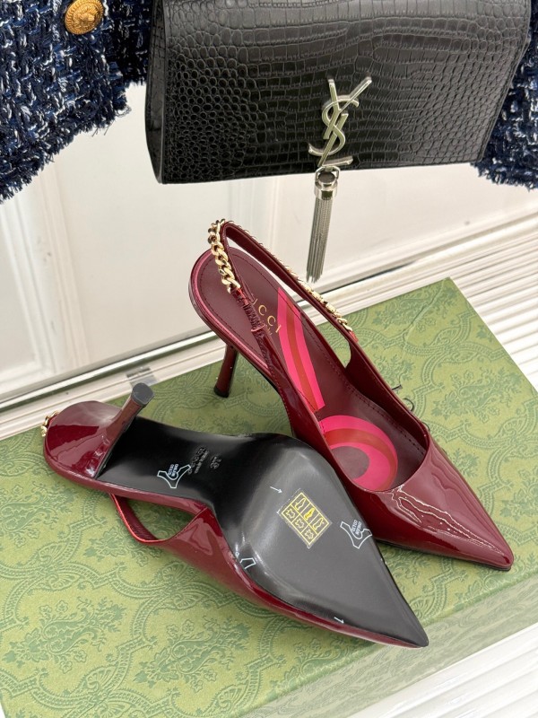 2025 Women Gucci Burgundy Patent Leather Slingback Chain High Heel KFY00300