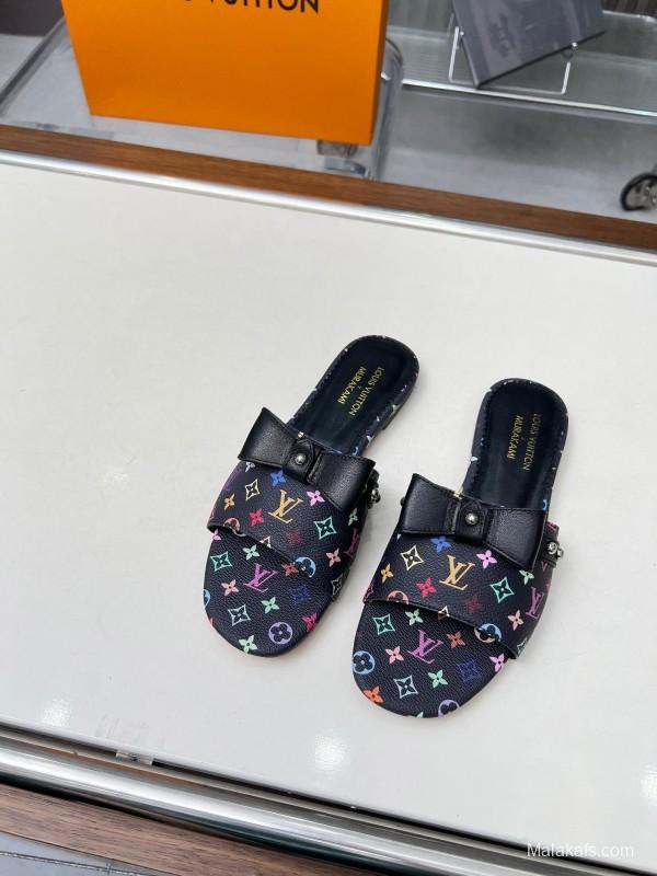 2025 Women Louis Vuitton Multicolor Leather Slippers Monogram LY00200