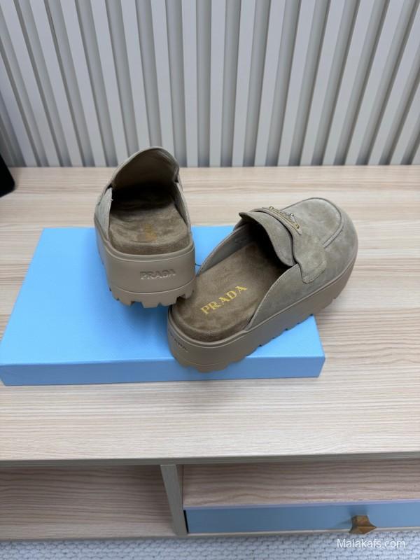 2025 Women Prada Khaki Suede Platform Loafers