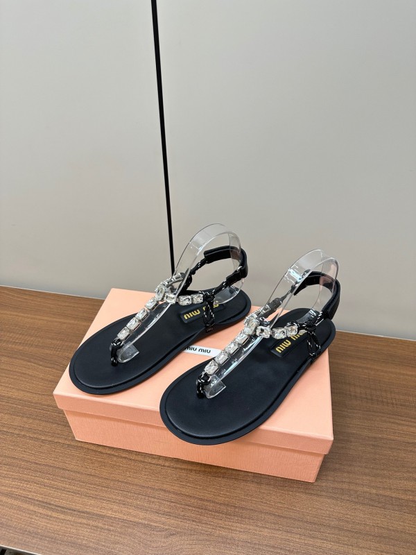2025 Women Miu Miu Black Leather Rhinestone Sandals LY