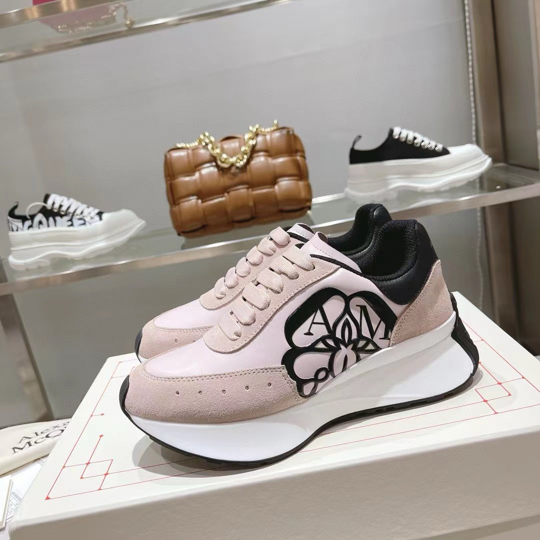 2024 Women Alexander McQueen Pink Black Leather Suede Sneakers MJ00370