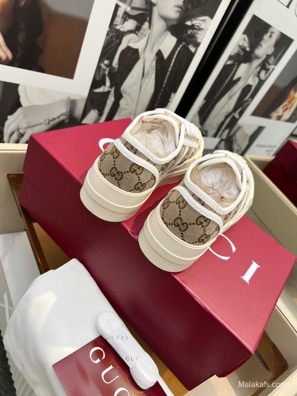 2025 Women Gucci Beige Brown Canvas Platform Sneakers Non-heritage Layered Stitching LY00270