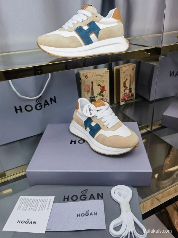 2025 Unisex HOGAN White Beige Blue Leather Suede Platform Sneakers H-STRIPES LY00360(F)/LY00370(M)